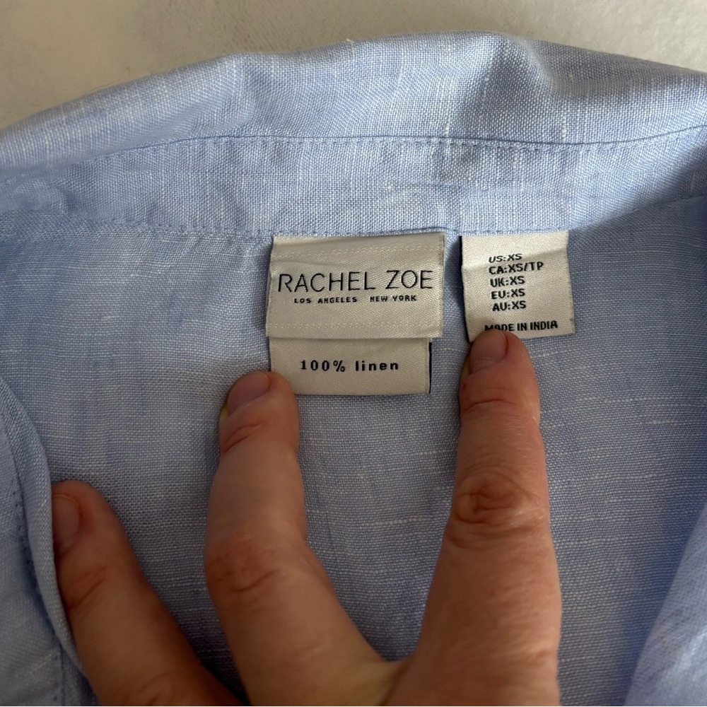 Rachel Zoe Blouse Light Blue Top Botton-Down Short Sleeve 100% Linen Size XS - Picture 6 of 8